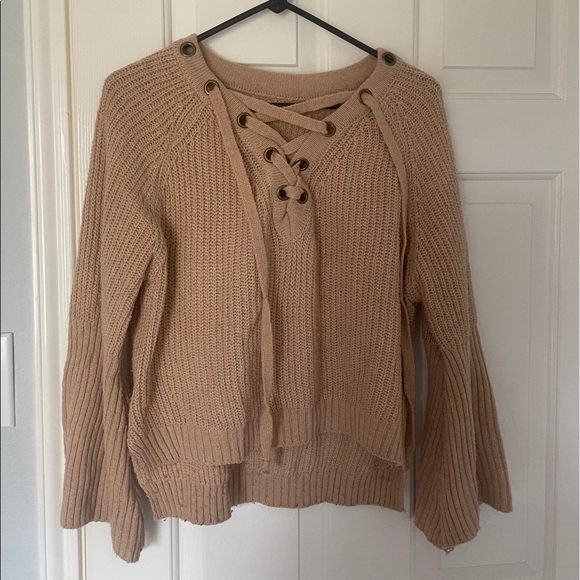 Tan Lace Up Sweater - Picture 1 of 5